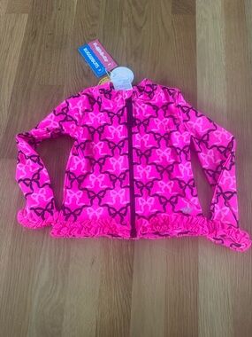 NWT. Ruffle Butts Neon Pink Bow-Print Kids Swim Rashguard and Pants